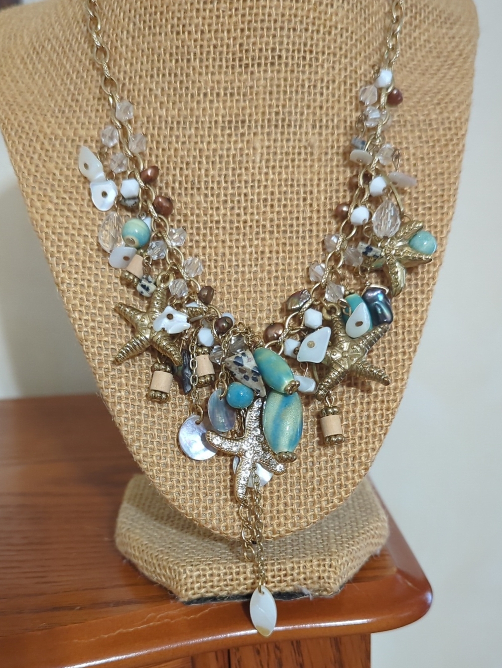 Coastal Mix Turquoise & Gold Starfish Statement Necklace - Picture 2 of 6